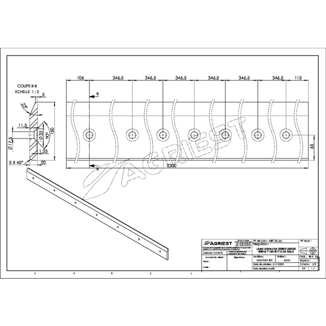 Contre Lame 150X20 LG 2300 400HB 7 TRS pour VIS TFØ16 EA 346,5 référence fournisseur 448156